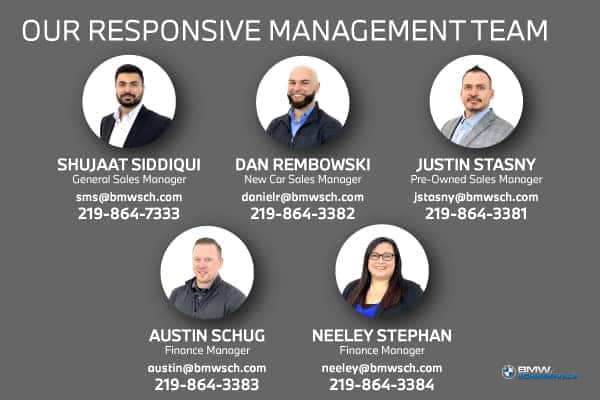 Graphic of BMW of Schererville's Management Team on a grey background, including Shujaat Siddiqui, Dan Rembowski, Justin Stasny, Austin Schug, and Neely Stephan