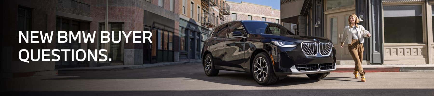 New BMW Buyer Questions banner featuring a black BMW SUV parked on a city street