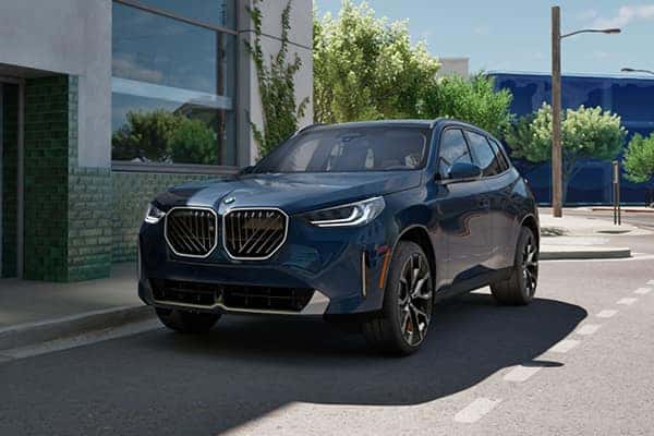 Dark blue BMW SUV parked on a city street