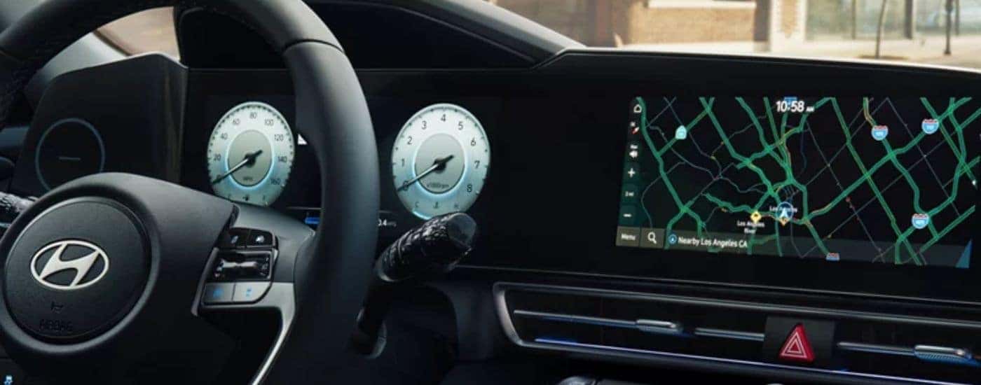 2026 Hyundai Elantra close up of the infotainment display and steering wheel.