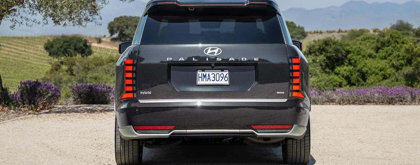 Rear of a black 2026 Hyundai Palisade Hybrid parked off-road.