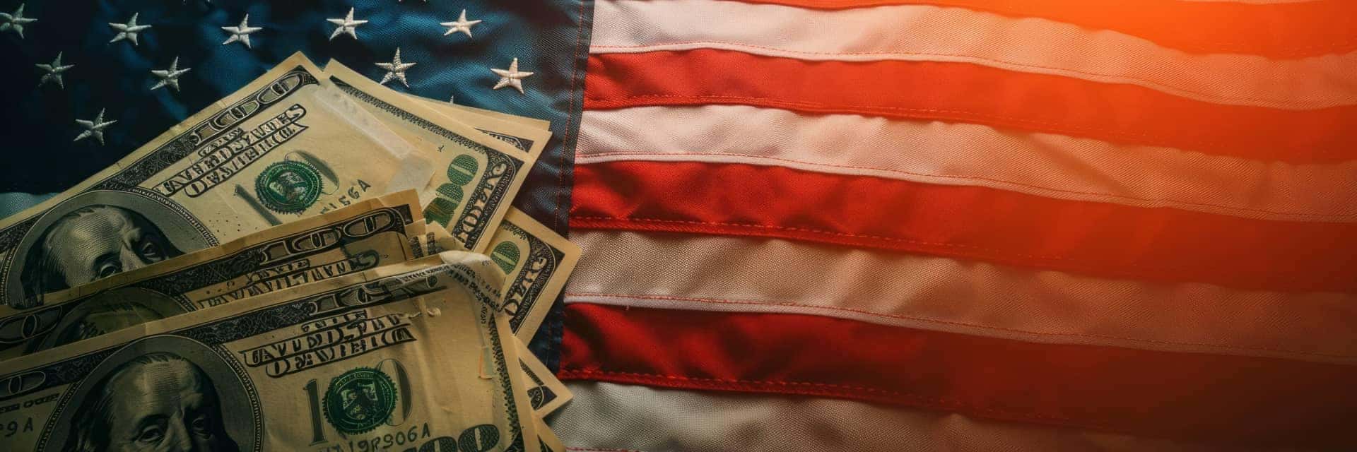 Stylized American flag with $100 bills in the left bottom corner