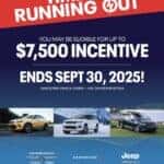 Time is running out! 🚨 Get up to $7,500 in EV lease incentives on select Chrysler, Dodge, and Jeep vehicles. Don’t wait — offer ends September 30, 2025. Visit DeLand CDJR today and drive into the future with confidence.