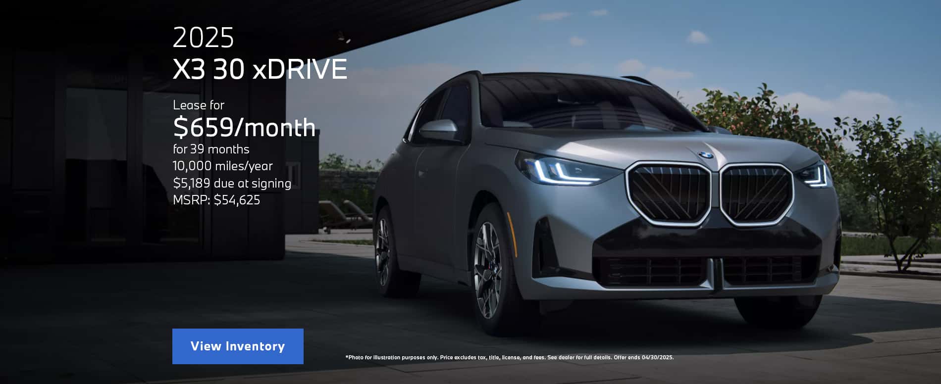 Photo for illustration purposes only. LEASE OFFER: Monthly lease payments of $659 per month for 39 months is based on an adjusted capitalized cost of $50,020 (MSRP of $54625 including destination and handling fee of $1175 less $3605 capitalized cost reduction, $0 security deposit, and suggested dealer contribution of $1000). Actual MSRP and dealer contribution may vary and could affect your monthly lease payment. Cash due at signing includes $3605 capitalized cost reduction, $659 first month's payment, $925 acquisition fee and $0 security deposit. Lessee responsible for insurance during the lease term, excess wear and tear as defined in the lease contract, $0.25/mile over 32500 miles, plus disposition fee of up to $495 (not to exceed an amount permissible by law) at lease end. Not all customers will qualify for security deposit waiver. Tax, title, license, registration and dealer fees are additional fees due at signing. Advertised monthly payment does not include applicable taxes. Purchase option price at lease end is $30,590, plus the purchase option fee disclosed in the lease contract. Additional tax, title, and government fees may also apply. Offer valid through April 30, 2025. FINANCE OFFER: Through April 30, 2025, 4.99% APR financing for up to 60 months on new 2025 BMW X3 30 xDrive model is available from participating BMW dealers to well qualified customers who meet BMW Financial Services NA, LLC credit requirements. For example, with $0.00 down payment and 4.99% APR, a retail installment contract on a 2025 BMW X3 30 xDrive with MSRP of $54,625.00 may be repaid in 24 monthly installments of $2,396.23 or may be repaid in 60 monthly installments of $1,030.59. MSRP excludes tax, title, and license. Not all customers will qualify for down payment waiver or lowest rate. Other rates and payment terms available. Applicable Credits are credits against the MSRP of the vehicle purchased and available to customers who finance through BMW Financial Services NA, LLC. All credits valid through April 30, 2025.