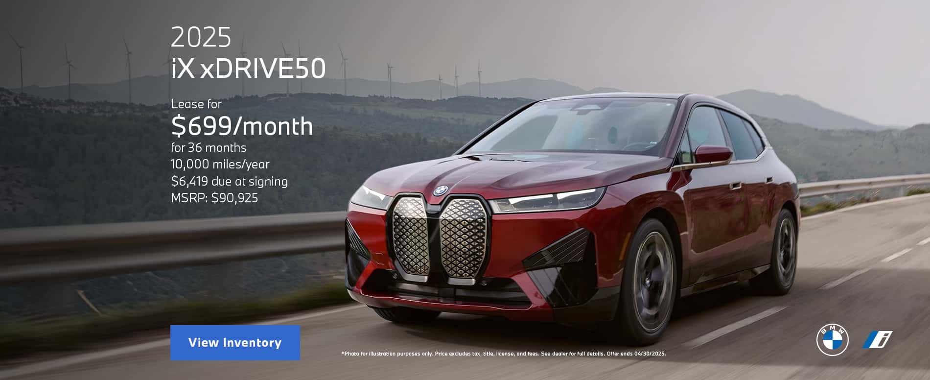 Photo for illustration purposes only. LEASE OFFER: Monthly lease payments of $699 per month for 36 months is based on an adjusted capitalized cost of $72230 (MSRP of $90,925 including destination and handling fee of $1175 less $4795 capitalized cost reduction, $0 security deposit, suggested dealer contribution of $4000 and Lease Credit of $9900). Actual MSRP and dealer contribution may vary and could affect your monthly lease payment. Cash due at signing includes $4795 capitalized cost reduction, $699 first month's payment, $925 acquisition fee and $0 security deposit. Lessee responsible for insurance during the lease term, excess wear and tear as defined in the lease contract, $0.30/mile over 30,000 miles, plus disposition fee of up to $495 (not to exceed an amount permissible by law) at lease end. Not all customers will qualify for security deposit waiver. Tax, title, license, registration and dealer fees are additional fees due at signing. Advertised monthly payment does not include applicable taxes. Purchase option price at lease end is $48190, plus the purchase option fee disclosed in the lease contract. Additional tax, title, and government fees may also apply. Other credits for customers who own or lease a competitive electric or plug in hybrid vehicle may apply. National Credit and EV Customer Credit are not combinable with BMW Loyalty Credits. Offer valid through April 30, 2025. FINANCE OFFER: Through April 30, 2025, 2.99% APR financing for up to 60 months on new 2025 BMW iX xDrive50 model is available from participating BMW dealers to well qualified customers who meet BMW Financial Services NA, LLC credit requirements. For example, with $0.00 down payment and 2.99% APR, a retail installment contract on a 2025 BMW iX xDrive50 with MSRP of $90,925.00 may be repaid in 24 monthly installments of $3,907.66 or may be repaid in 60 monthly installments of $1,633.40. MSRP excludes tax, title, and license. Not all customers will qualify for down payment waiver or lowest rate. Other rates and payment terms available. Purchase Credit of $7,500 is a credit against the MSRP of the vehicle purchased and available to customers who finance through BMW Financial Services NA, LLC. All credits valid through April 30, 2025.