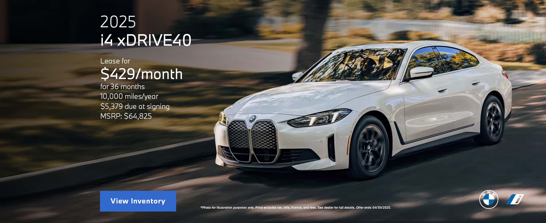 Photo for illustration purposes only. LEASE OFFER: Monthly lease payments of $429 per month for 36 months is based on an adjusted capitalized cost of $48950 (MSRP of $64825 including destination and handling fee of $1175 less $4025 capitalized cost reduction, $0 security deposit, suggested dealer contribution of $3350, Lease Credit of $7500, and National Credit of $1000). Actual MSRP and dealer contribution may vary and could affect your monthly lease payment. Cash due at signing includes $4025 capitalized cost reduction, $429 first month's payment, $925 acquisition fee and $0 security deposit. Lessee responsible for insurance during the lease term, excess wear and tear as defined in the lease contract, $0.25/mile over 30,000 miles, plus disposition fee of up to $495 (not to exceed an amount permissible by law) at lease end. Not all customers will qualify for security deposit waiver. Tax, title, license, registration and dealer fees are additional fees due at signing. Advertised monthly payment does not include applicable taxes. Purchase option price at lease end is $35006 plus the purchase option fee disclosed in the lease contract. Additional tax, title, and government fees may also apply. Other credits for loyal customers may apply. National Credit not combinable with BMW Loyalty Credits. Offer valid through April 30, 2025. FINANCE OFFER: Through April 30, 2025 2.99% APR financing for up to 60 months on new 2025 BMW i4 xDrive40 model is available from participating BMW dealers to well qualified customers who meet BMW Financial Services NA, LLC credit requirements. For example, with $0.00 down payment and 2.99% APR, a retail installment contract on a 2025 BMW i4 xDrive40 with MSRP of $64825.00 may be repaid in 24 monthly installments of $2785.97 or may be repaid in 60 monthly installments of $1164.53. MSRP excludes tax, title, and license. Not all customers will qualify for down payment waiver or lowest rate. Other rates and payment terms available. Purchase Credit of $5000 and National Credit of $1000 are credits against the MSRP of the vehicle purchased and available to customers who finance through BMW Financial Services NA, LLC. All credits valid through April 30, 2025.