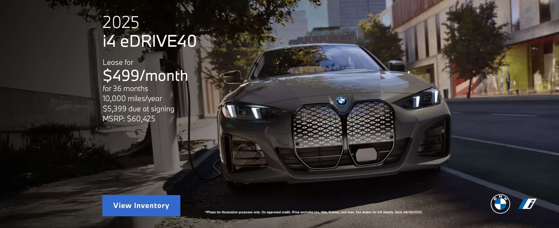 Photo for illustration purposes only. Lease payment is calculated based on Manufacturer’s Suggested Retail Price for vehicle as shown and does not necessarily represent the dealer’s actual sale price. Dealer sets actual price. Please consult your selected dealer. Through June 30, 2025 lease offer available on new 2025 BMW i4 eDrive40 models from participating BMW Centers through BMW Financial Services NA, LLC, to customers who meet BMW Financial Services' credit requirements. Offer not valid in Puerto Rico. Monthly lease payments of $499 per month for 36 months is based on an adjusted capitalized cost of $43035 (MSRP of $60,425 including destination and handling fee of $1175 less $3975 capitalized cost reduction, $0 security deposit, suggested dealer contribution of $3515 and Lease Credit of $9900). Actual MSRP and dealer contribution may vary and could affect your monthly lease payment. Cash due at signing includes $3975 capitalized cost reduction, $499 first month's payment, $925 acquisition fee and $0 security deposit. Lessee responsible for insurance during the lease term, excess wear and tear as defined in the lease contract, $0.25/mile over 30,000 miles, plus disposition fee of up to $495 (not to exceed an amount permissible by law) at lease end. Not all customers will qualify for security deposit waiver. Tax, title, license, registration and dealer fees are additional fees due at signing. Advertised monthly payment does not include applicable taxes. Purchase option price at lease end is $30,213 plus the purchase option fee disclosed in the lease contract. Additional tax, title, and government fees may also apply. Offer valid through June 30, 2025 and may be combined with other offers unless otherwise stated. Models pictured may be shown with metallic paint and/or additional accessories. Visit your authorized BMW Center for important details.