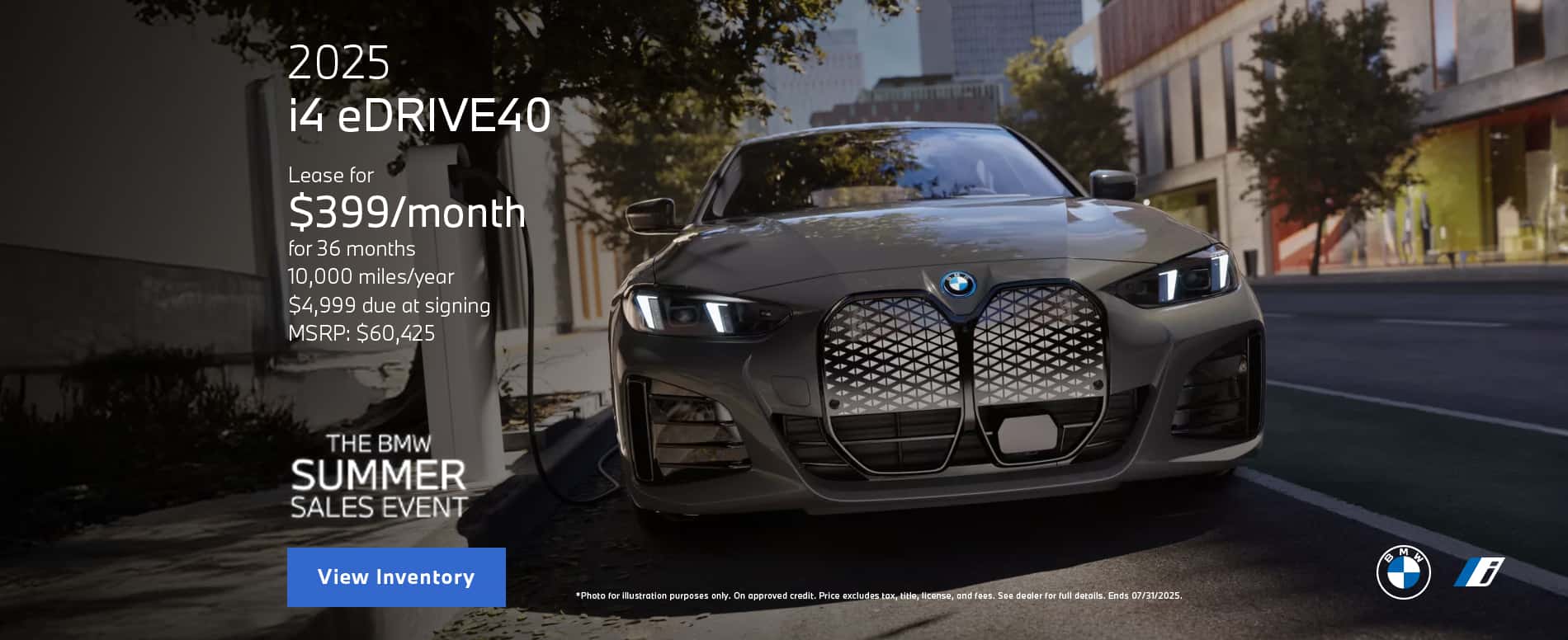 Photo for illustration purposes only. Lease payment is calculated based on Manufacturer’s Suggested Retail Price for vehicle as shown and does not necessarily represent the dealer’s actual sale price. Dealer sets actual price. Please consult your selected dealer. Through July 31, 2025, lease offer available on new 2025 BMW i4 eDrive40 models from participating BMW Centers through BMW Financial Services NA, LLC, to customers who meet BMW Financial Services' credit requirements. Offer not valid in Puerto Rico. Monthly lease payments of $399 per month for 36 months is based on an adjusted capitalized cost of $42,240 (MSRP of $60,425, including destination and handling fee of $1,175, less $3,675 capitalized cost reduction, $0 security deposit, suggested dealer contribution of $3,610, Lease Credit of $9,900, and National Credit of $1,000). Actual MSRP and dealer contribution may vary and could affect your monthly lease payment. Cash due at signing includes $3,675 capitalized cost reduction, $399 first month's payment, $925 acquisition fee and $0 security deposit. Lessee responsible for insurance during the lease term, excess wear and tear as defined in the lease contract, $0.25/mile over 30,000 miles, plus disposition fee of up to $495 (not to exceed an amount permissible by law) at lease end. Not all customers will qualify for security deposit waiver. Tax, title, license, registration and dealer fees are additional fees due at signing. Advertised monthly payment does not include applicable taxes. Purchase option price at lease end is $30,213, plus the purchase option fee disclosed in the lease contract. Additional tax, title, and government fees may also apply.