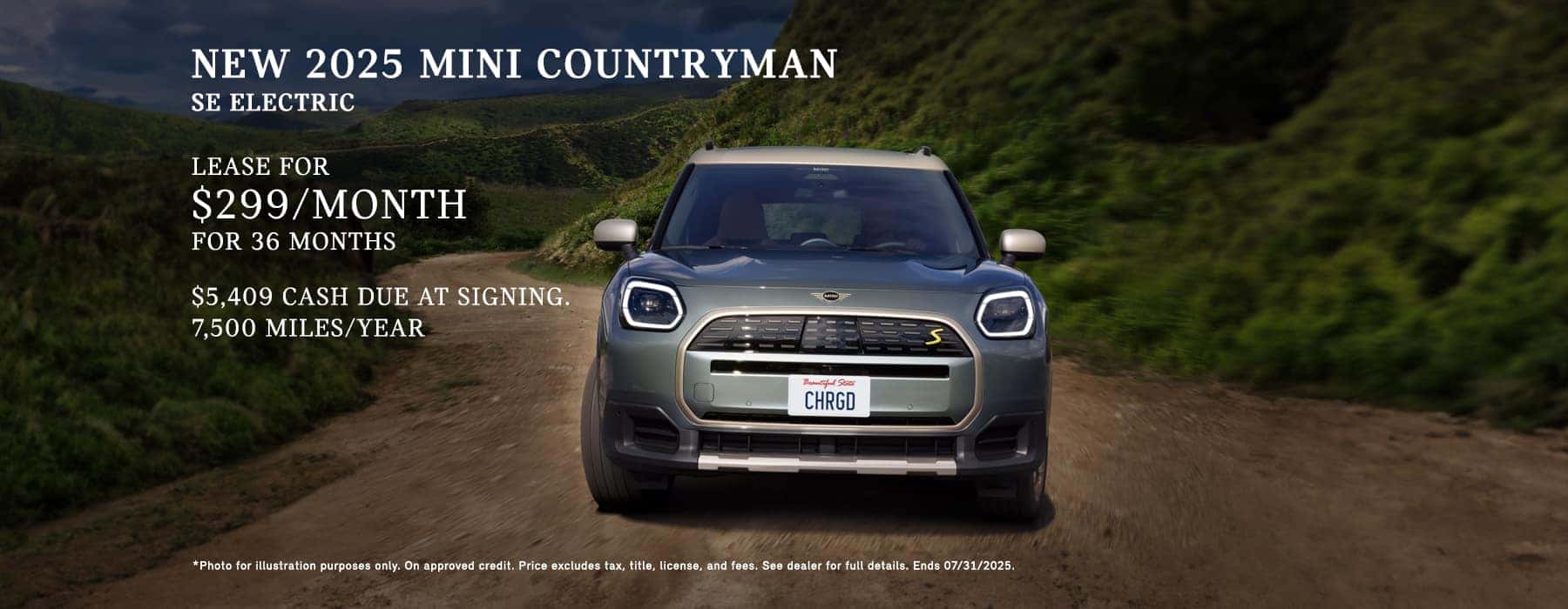 Photo for illustration purposes only. Monthly lease payments of $299 per month for 36 months is based on an adjusted capitalized cost of $32,740 (MSRP of $46,375, including Signature Plus Trim and destination & handling fee of $1,175, less $4,185 capitalized cost reduction, $0 security deposit and suggested dealer contribution of $1,950 and $7,500 Lease Credit). Actual MSRP and dealer contribution may vary and could affect your monthly lease payments. Cash due at signing includes $4,185 capitalized cost reduction, $299 first month's payment, $925 acquisition fee and $0 security deposit. Lessee responsible for insurance during the lease term, excess wear and tear as defined in the lease contract, $0.25/mile over 22,500 miles (7,500 miles/year) and a disposition fee of $395 at lease end (not to exceed an amount permissible by law). Disposition Fee may vary by state. Not all customers will qualify for security deposit waiver. Tax, title, license, registration and dealer fees are additional fees due at signing. Advertised monthly payment does not include applicable taxes. Purchase option at lease end is $27,361 plus Purchase option fee disclosed in the lease contract. Additional tax, title, and government fees may also apply. Other credits for loyal customers may apply. Offer valid through July 31, 2025 and may be combined with other offers unless otherwise stated. Models pictured may be shown with metallic paint and/or additional accessories. Visit your authorized MINI Dealer for important details.