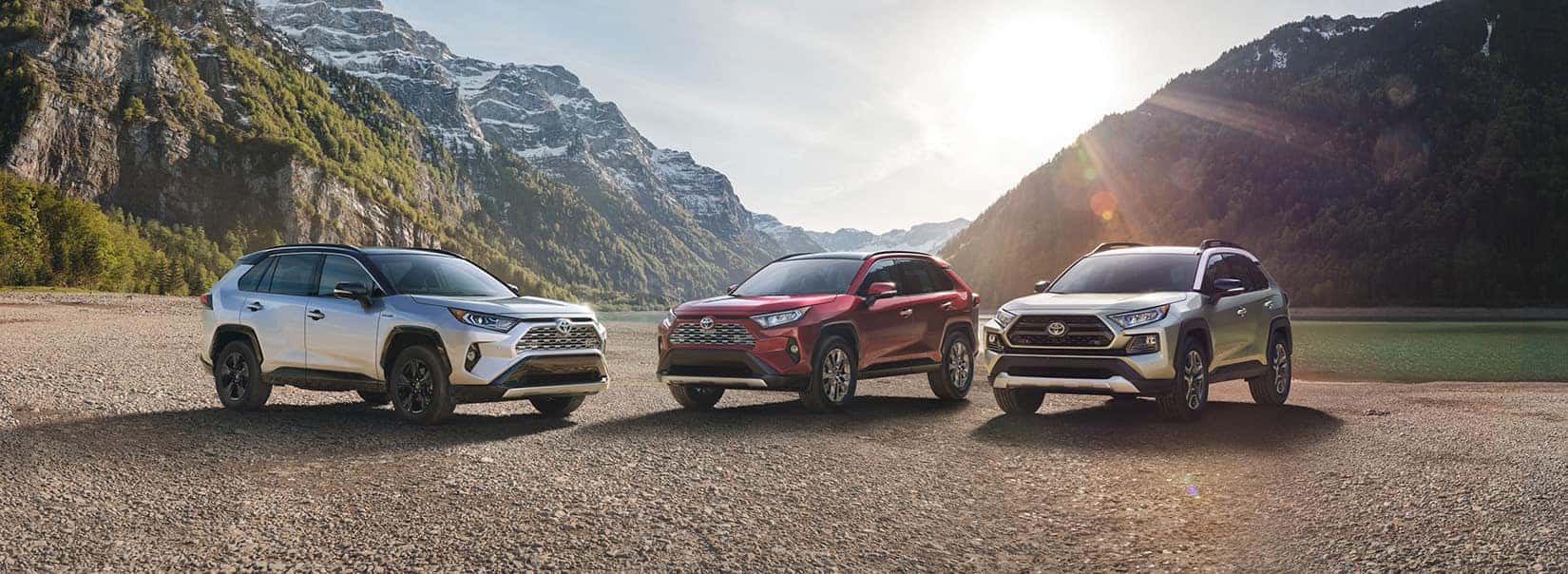 Halterman's Toyota is a Toyota Dealership near Brodheadsville, PA | Three 2020 Toyota RAV4s parked with mountains in the background