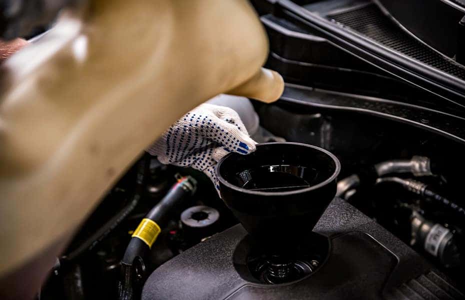 Difference between synthetic oil & conventional oil at Halterman's Toyota | Service Advisor Pouring New Oil Using Funnel Into Engine