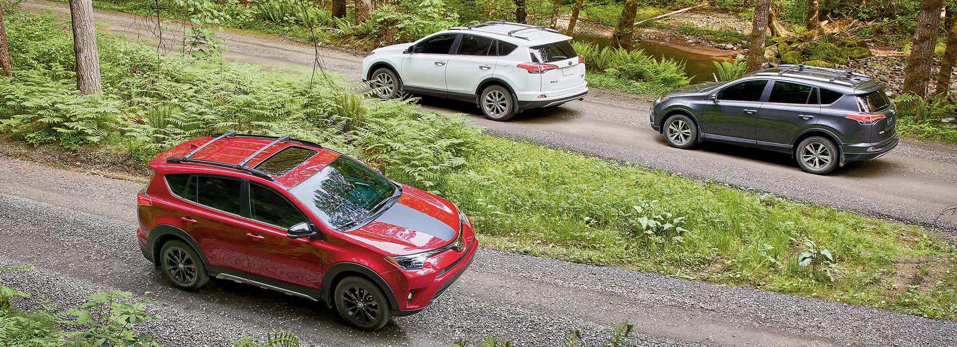 Things to Check When Buying a Used Car | Halterman's Toyota in East Stroudsburg, PA | Three Used 2018 Toyota RAV4 Vehicles of Different Colors Driving On Trails Through the Woods