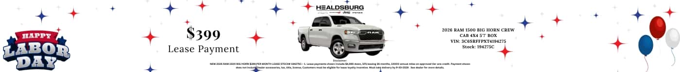 $399 Lease Payment NEW 2020 SAM 1530 RICAN 5303 PER NONTH LEASE STOCK 101275C- 1. Last prants shas eclate 54005 doun, 5 last 16 montha, 10500 arul rates en sagrowed tier coa credit, Pyrant usean 2026 RAM 1500 BIG HORN CREW CAB 4X4 5'T BOX VIN: 3C6SREFPXT4194275| Stock: 194275C