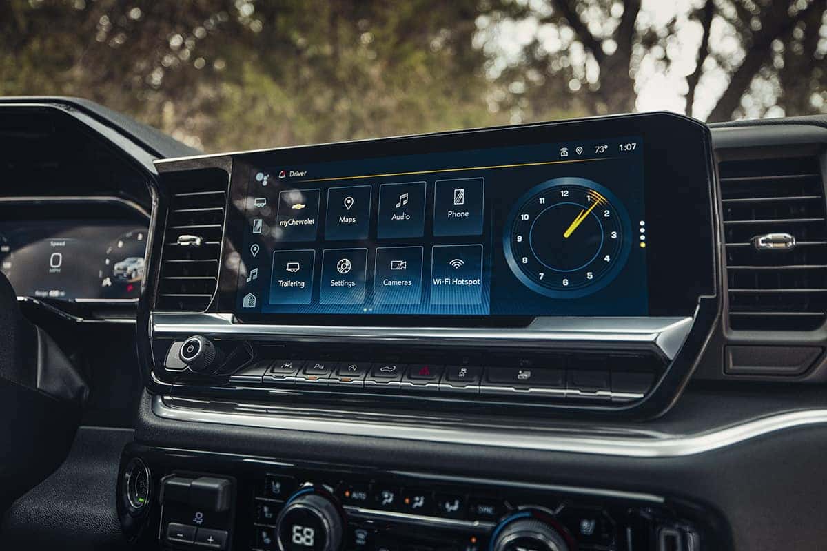 2026 Chevrolet Silverado 1500 cockpit with 13.4-inch diagonal center touchscreen and 12.3-inch Driver Information Center