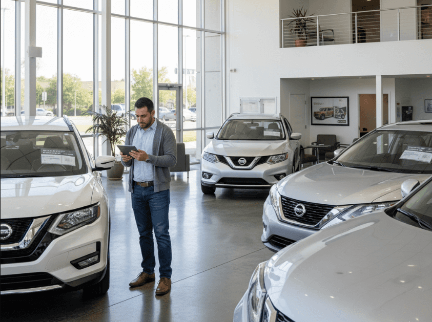 Nissan showroom with Certified Pre-Owned vehicles at Kelly Nissan