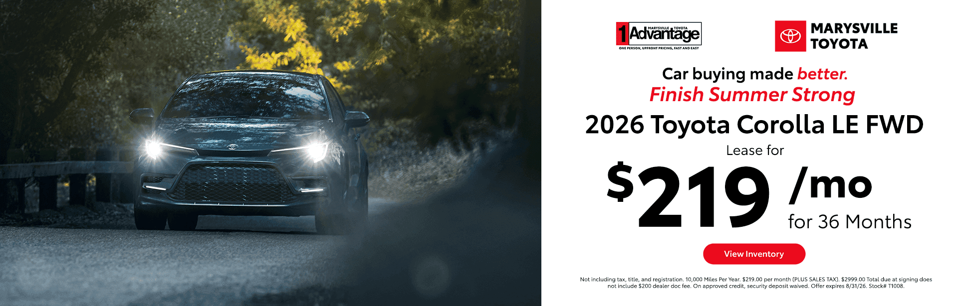 2026 Toyota Corolla LE FWD Lease for $3219/mo for 36 Months
