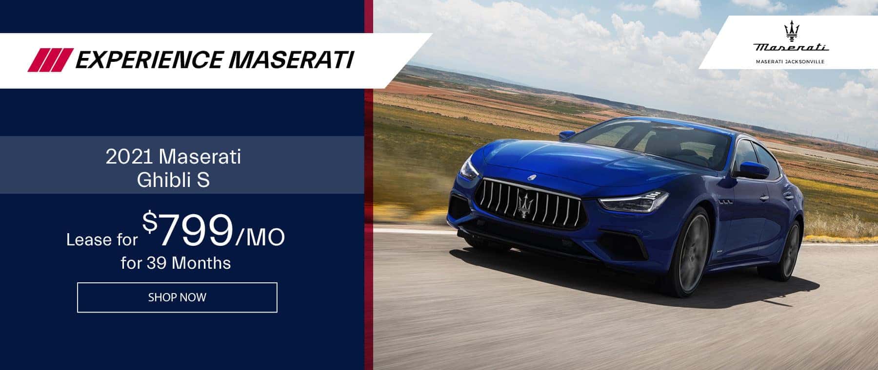 blue 2021 Maserati Ghibli on the open road