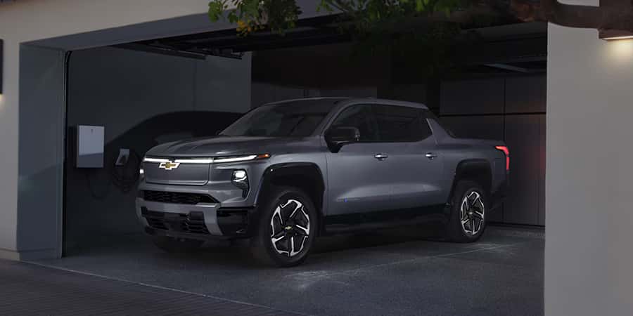 Chevrolet Silverado EV truck parked in a garage