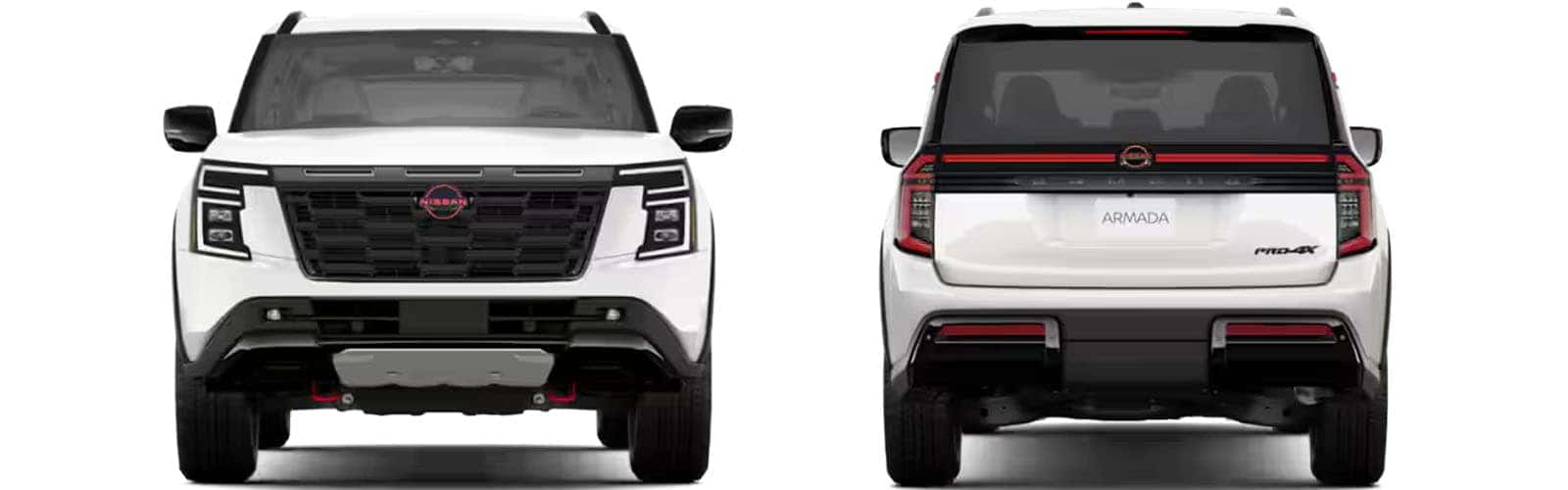 2025 Nissan Armada Aspen White TriCoat Exterior Front and Rear Views