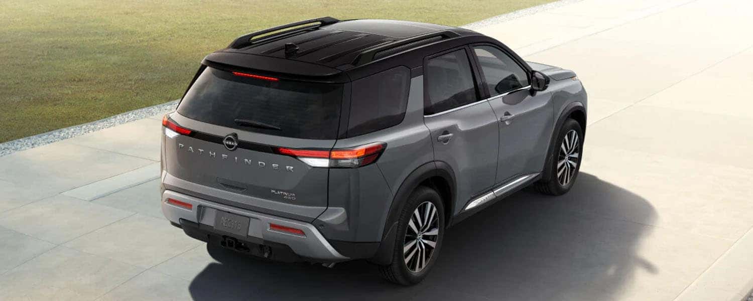 2025 Nissan Pathfinder Near Me North Olmsted Ohio Near Cleveland, Ohio Panoramic Moonroof Boulder Gray Pearl Rear Profile View Exterior Image