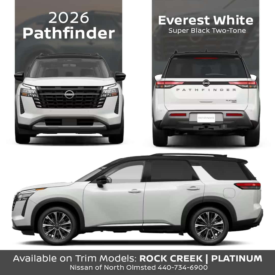 2026 Nissan Pathfinder Two-Tone Everest White Pearl TriCoat with Black Roof Exterior Color