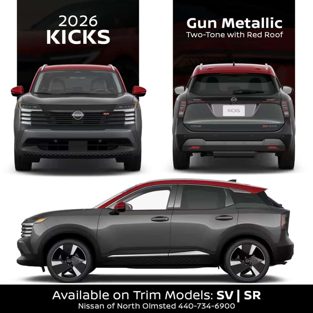 2026 Nissan Kicks Two-Tone Gun Metallic with Red exterior color in Cleveland Ohio