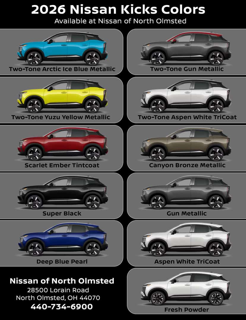 All available 2026 Nissan Kicks exterior colors near Cleveland Ohio at Nissan of North Olmsted