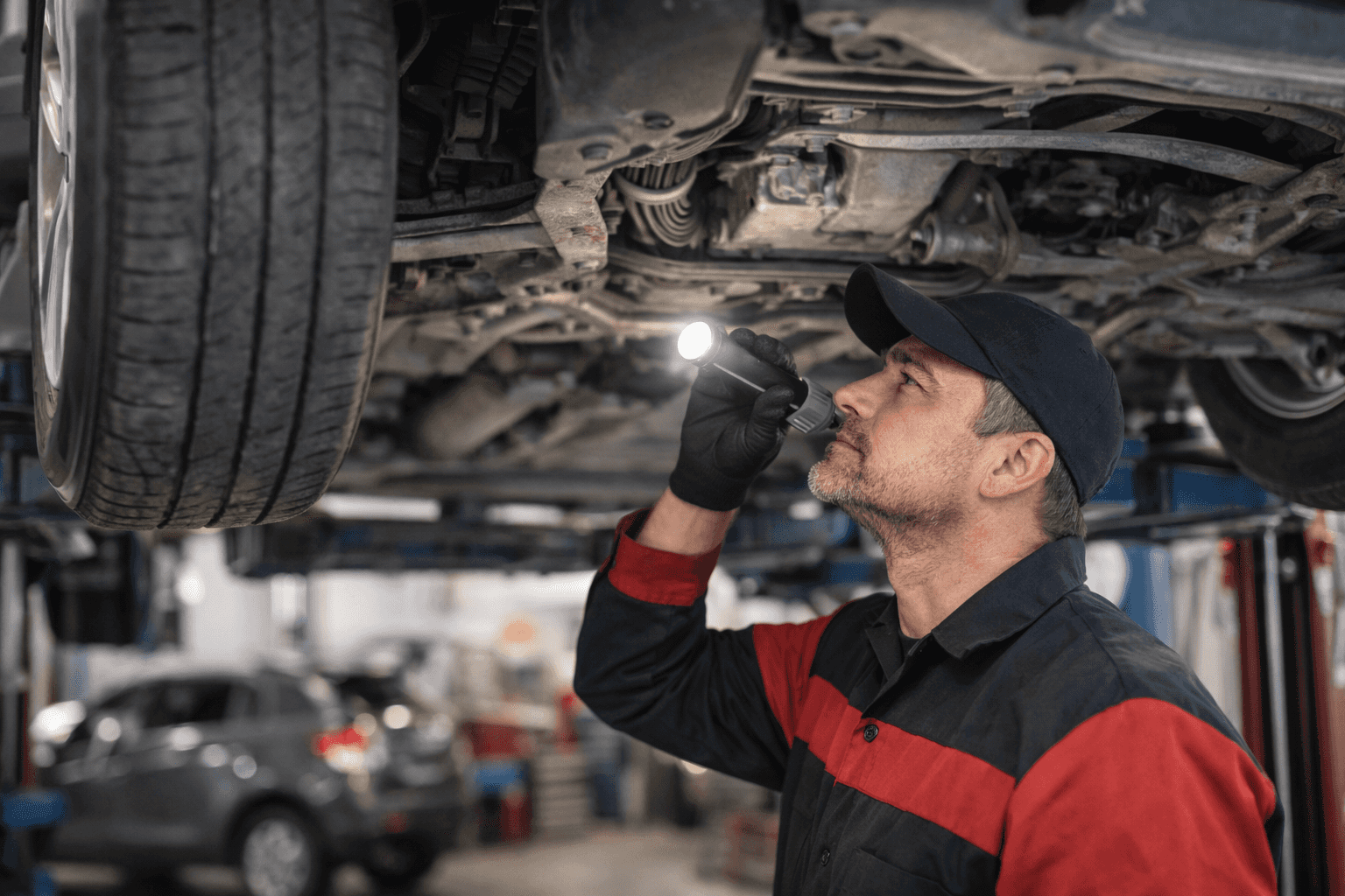 Technician inspecting a tire during a tire safety check in North Olmsted Ohio