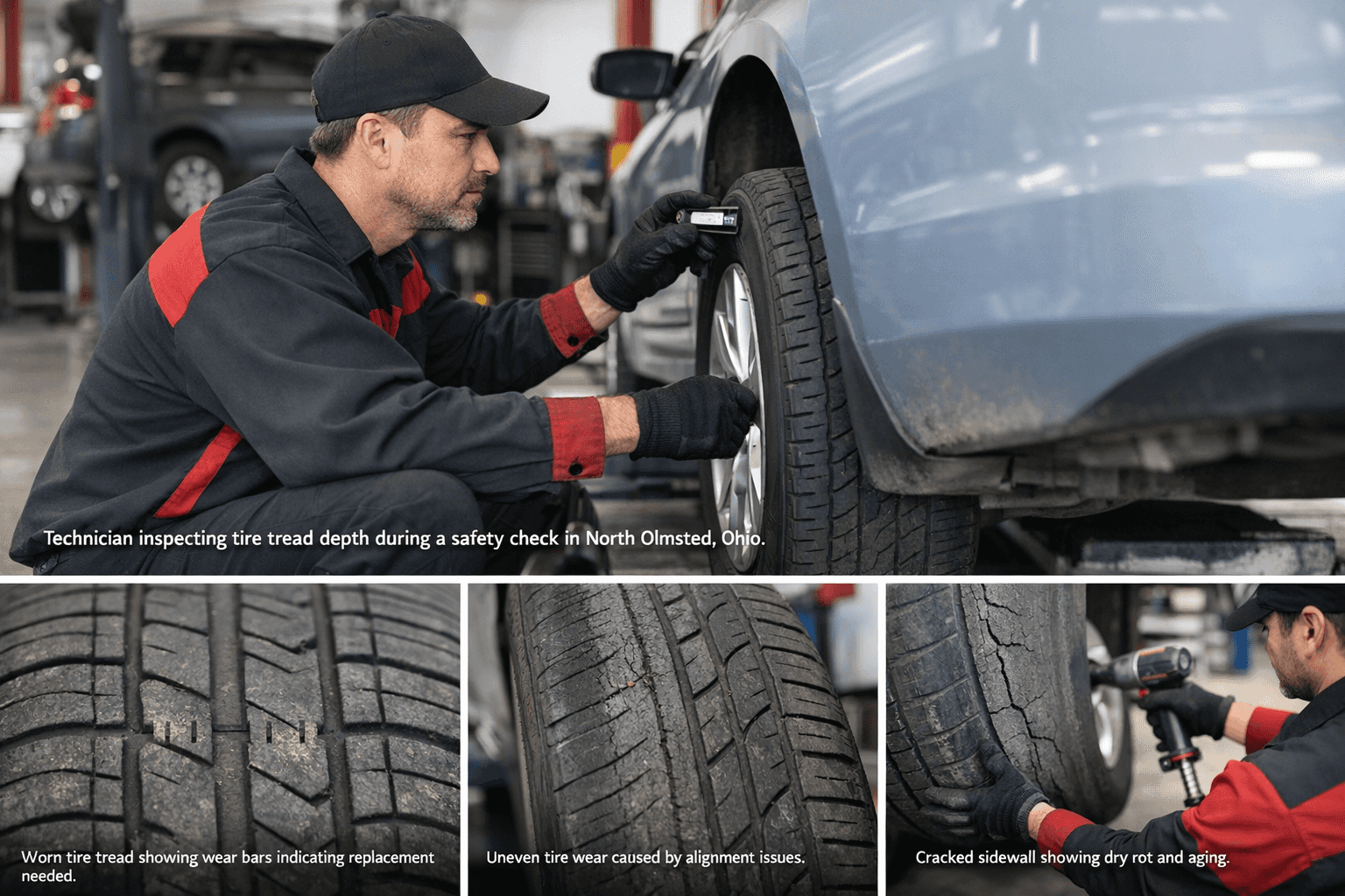 Technician inspecting tires showing worn, uneven, and cracked tires during a tire safety check in North Olmsted Ohio