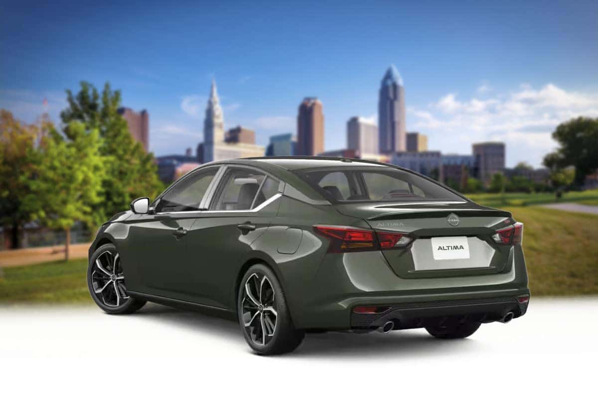 Rear three-quarter view of a 2026 Nissan Altima in Tactical Green Metallic