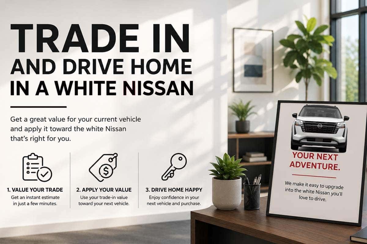 Trade in and drive home in a white Nissan near Cleveland, Ohio