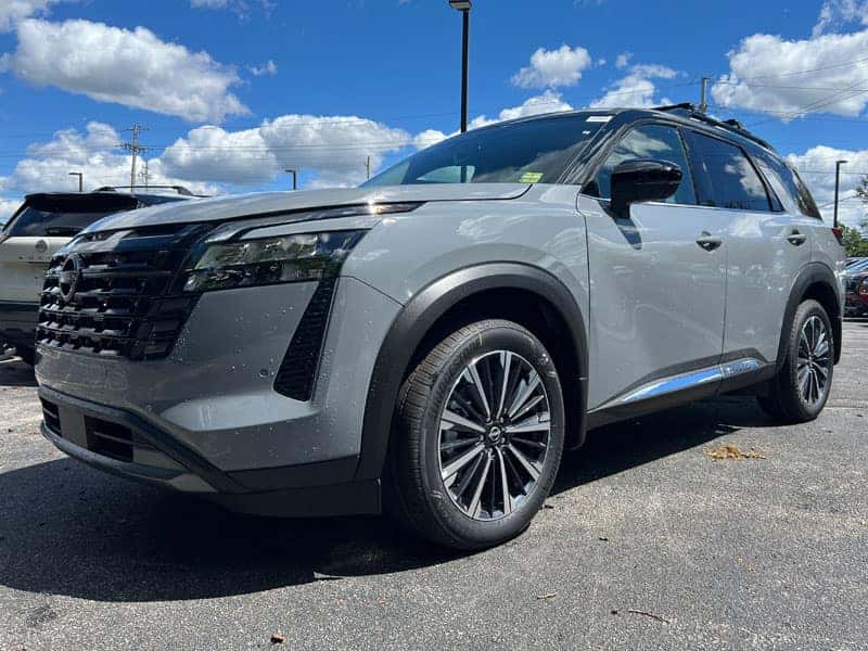 2026 Nissan Pathfinder Two-Tone Boulder Gray Pearl exterior color front angle view near Cleveland Ohio