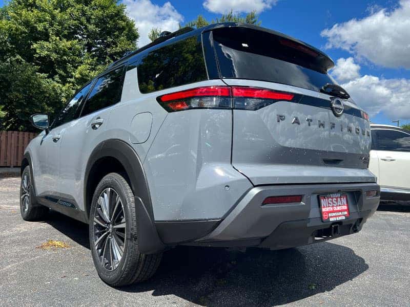 2026 Nissan Pathfinder Two-Tone Boulder Gray Pearl exterior color rear view near Cleveland Ohio