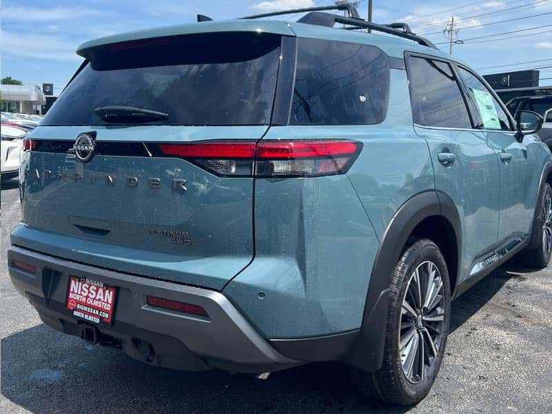 2026 Nissan Pathfinder Baltic Teal Pearl rear three-quarter view Cleveland Ohio