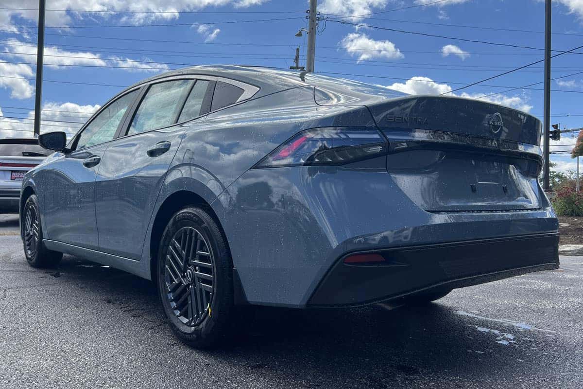 2027 Nissan Sentra Atlantic Gray Metallic exterior color rear three-quarter exterior view near cleveland ohio