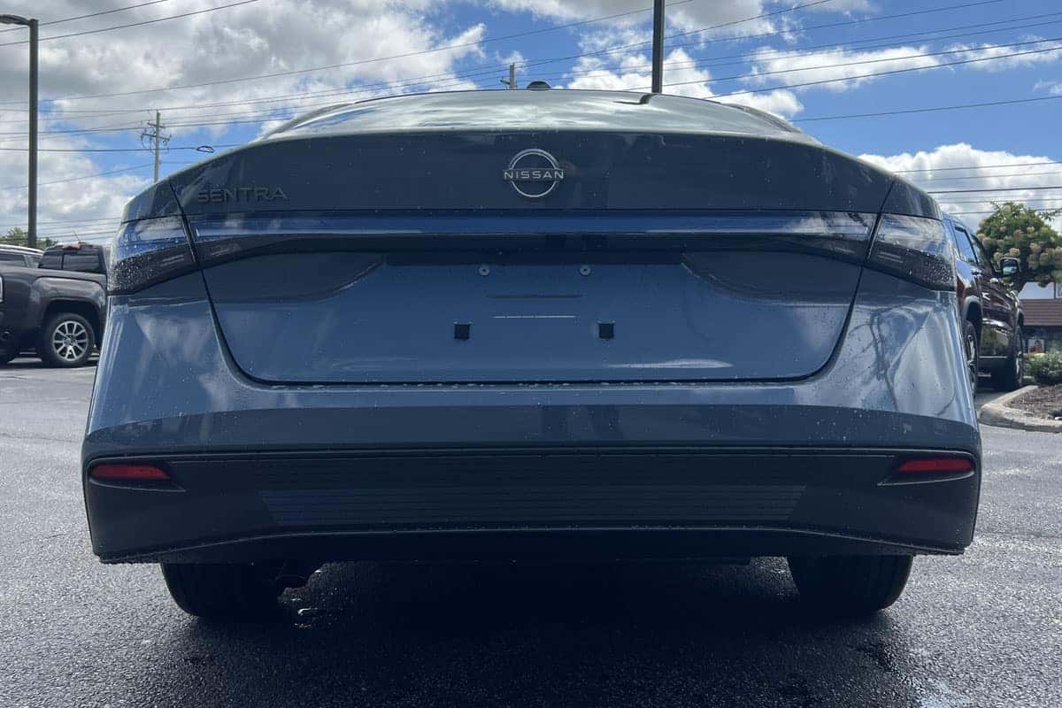 Close-up of the 2027 Nissan Sentra Atlantic Gray Metallic exterior color rear view near Cleveland, Ohio