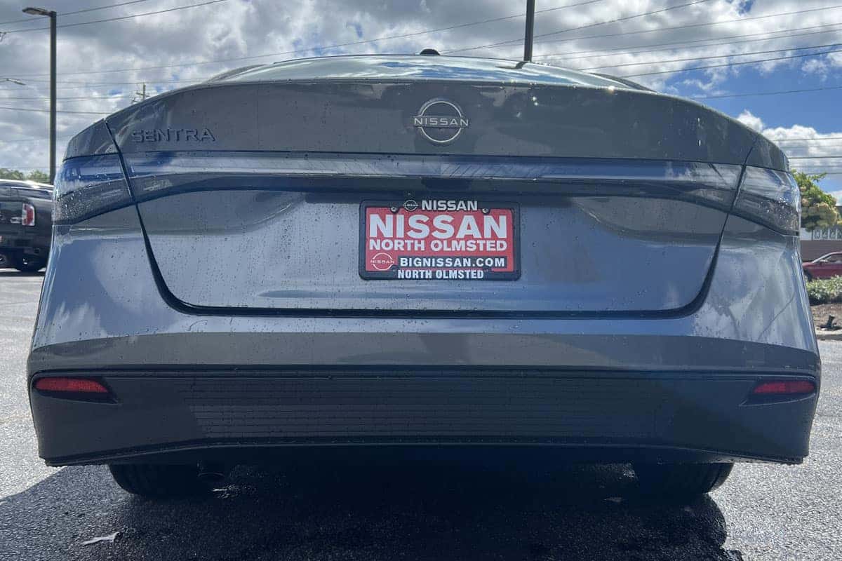 Rear bumper view of the 2027 Nissan Sentra in the Gun Metallic exterior color at Nissan of North Olmsted