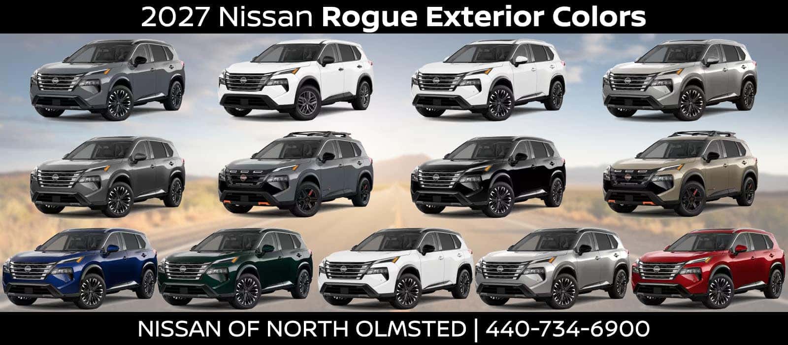 2027 Nissan Rogue exterior color lineup featuring multiple available colors and two-tone combinations
