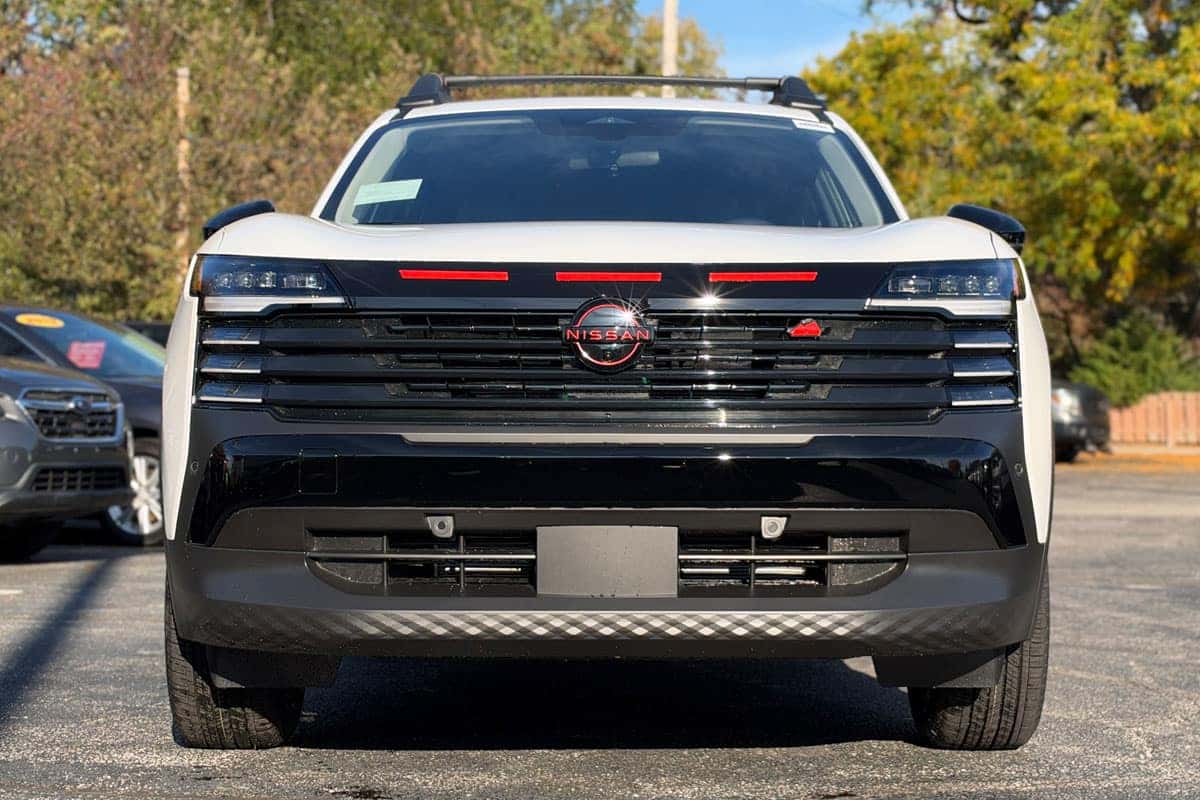 Front grille and bumper of the actual 2027 Nissan Kicks Rock Creek Edition at Nissan of North Olmsted near Cleveland, Ohio