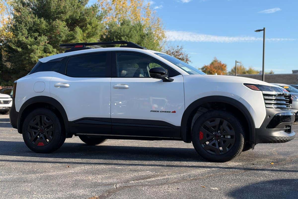 Passenger-side profile of the actual 2027 Nissan Kicks Rock Creek Edition at Nissan of North Olmsted near Cleveland, Ohio