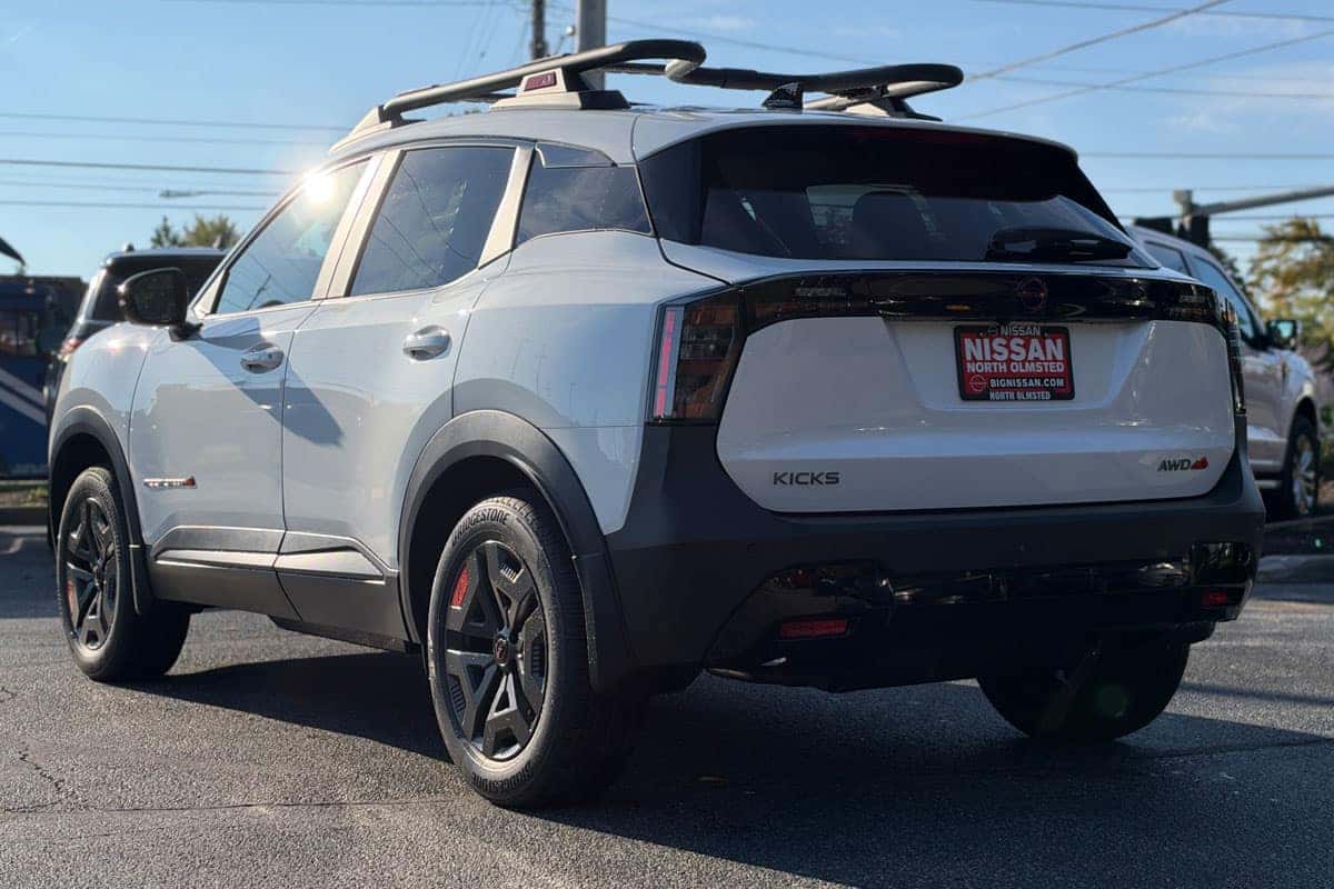 Rear three-quarter view of the actual 2027 Nissan Kicks Rock Creek Edition at Nissan of North Olmsted near Cleveland, Ohio