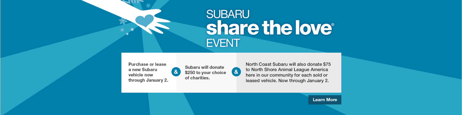 a. Hand holding blue heart. Subaru Share the Love Event. Learn More button.