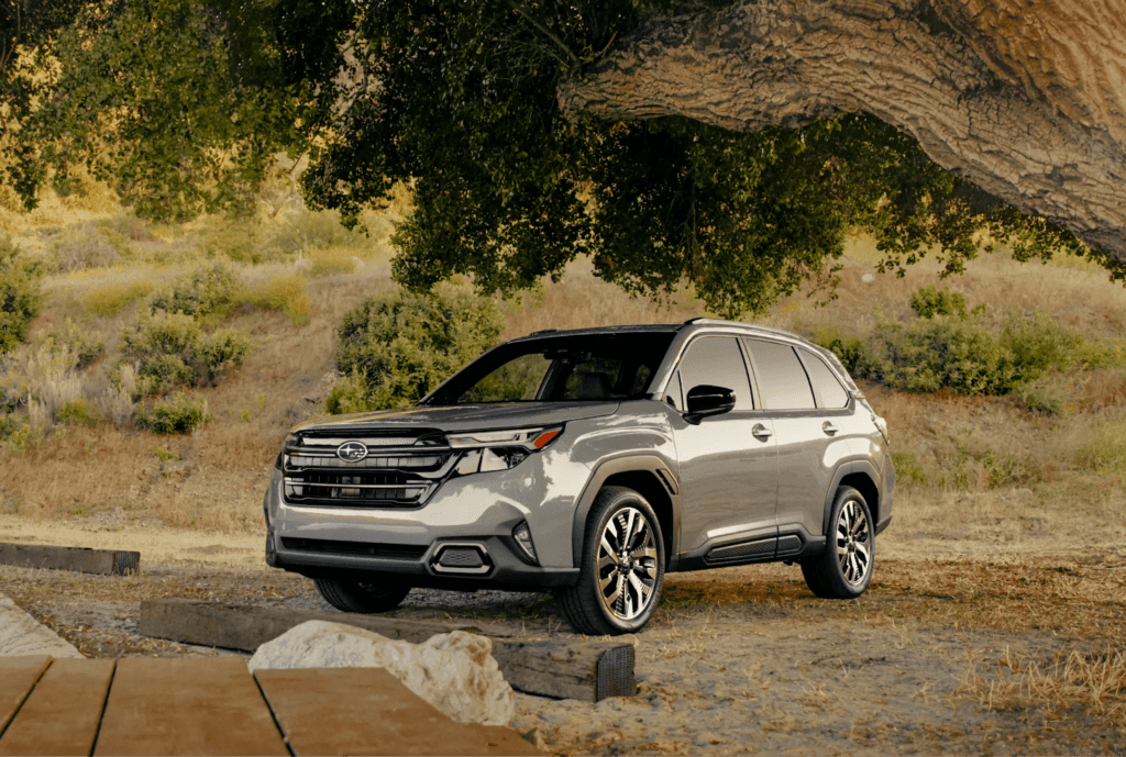 A Subaru Forester parked under a tree near a picnic site.