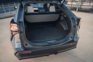 An open, empty trunk of a 2025 Subaru Solterra