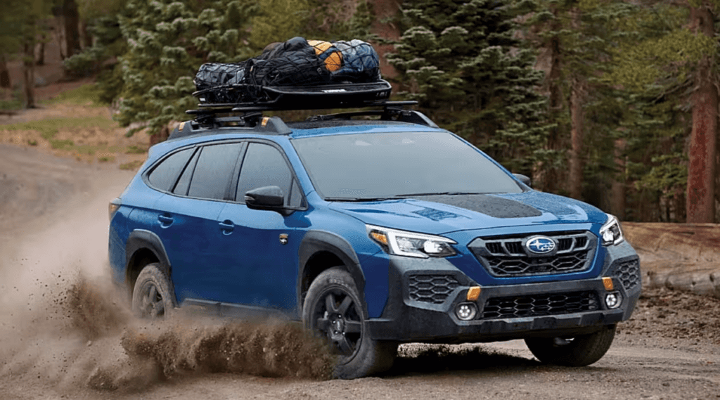  A blue Subaru with a roof cargo box loaded with gear drives on a dirt road through a forest, kicking up dust.