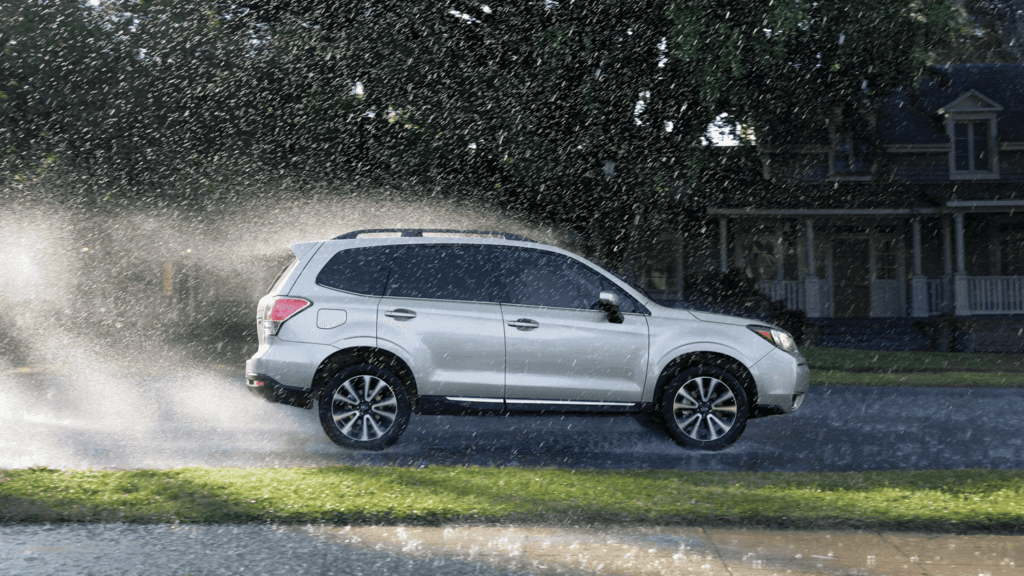 Subaru in the rain
