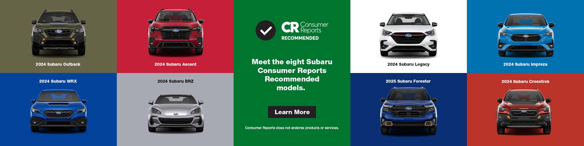 Meet the eight Subaru Consumer Reports Recommended models. Learn More.