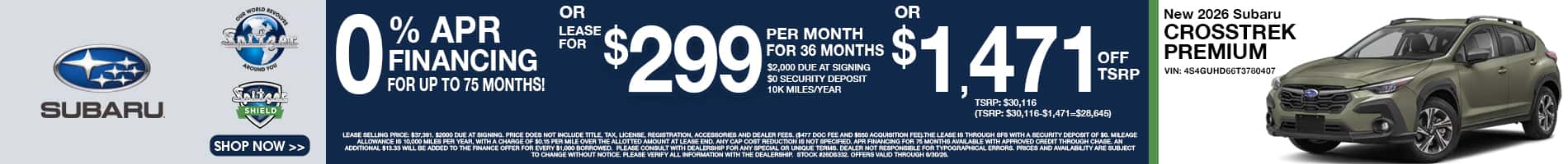 New 2026 Subaru Crosstrek Premium 0% APR for up to 75 Months OR Lease for $299/mo for 36 Months
