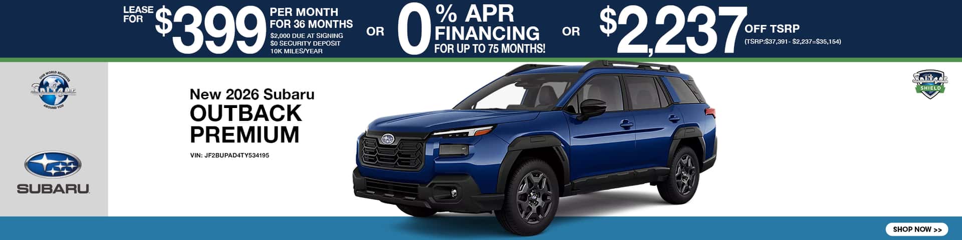 07.2026_Subaru Outback_Lease for $399 for 36 mo OR 0% for 75 mo OR $2237 off tsrp
