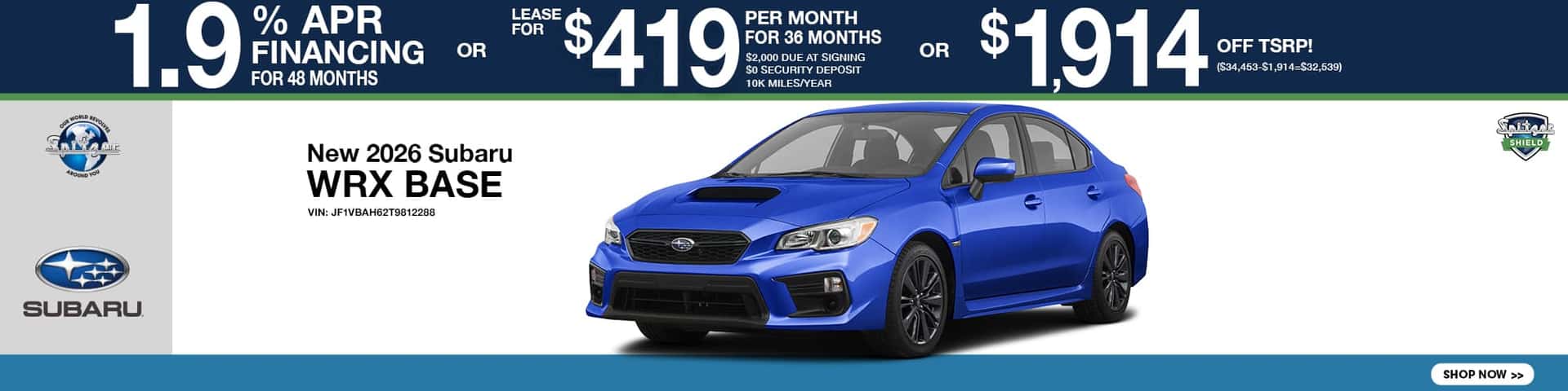 09.2026_Subaru WRX_1.9% for 48 mo OR lease for $419 for 36 mo OR $1914 off tsrp